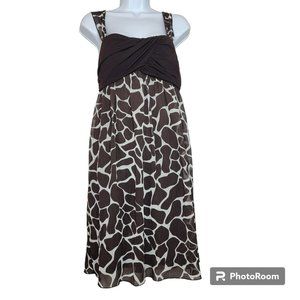 Alyx Dress, Women 6, Brown Animal Print, Ruching Bodice, Fit & Flare Midi, EUC